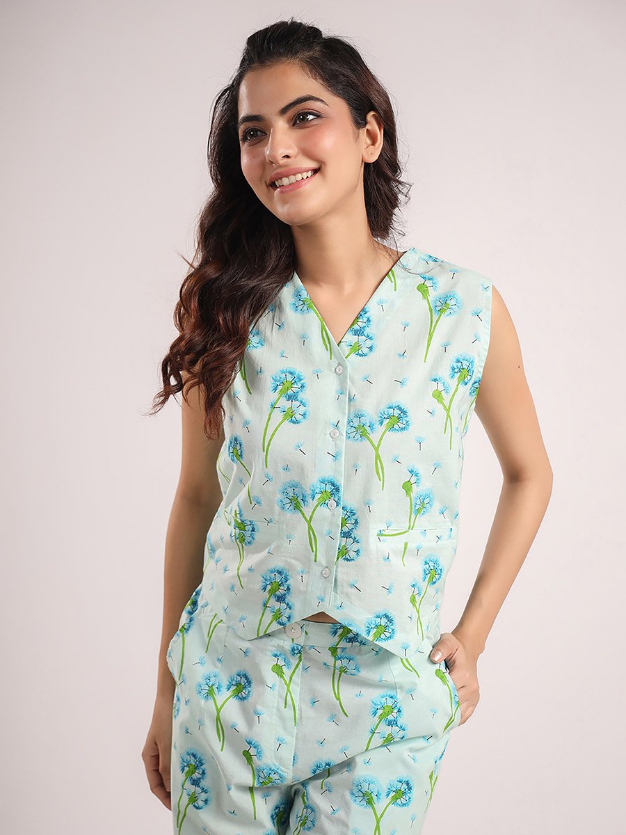 Cotton Dandelion Print Shirt and Straight Pyjama Set