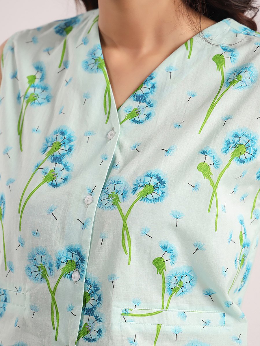 Cotton Dandelion Print Shirt and Straight Pyjama Set