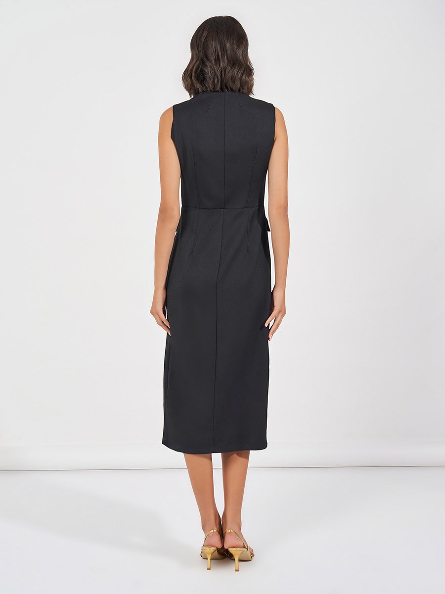 Button Detail Sleeveless Blazer Midi Dress
