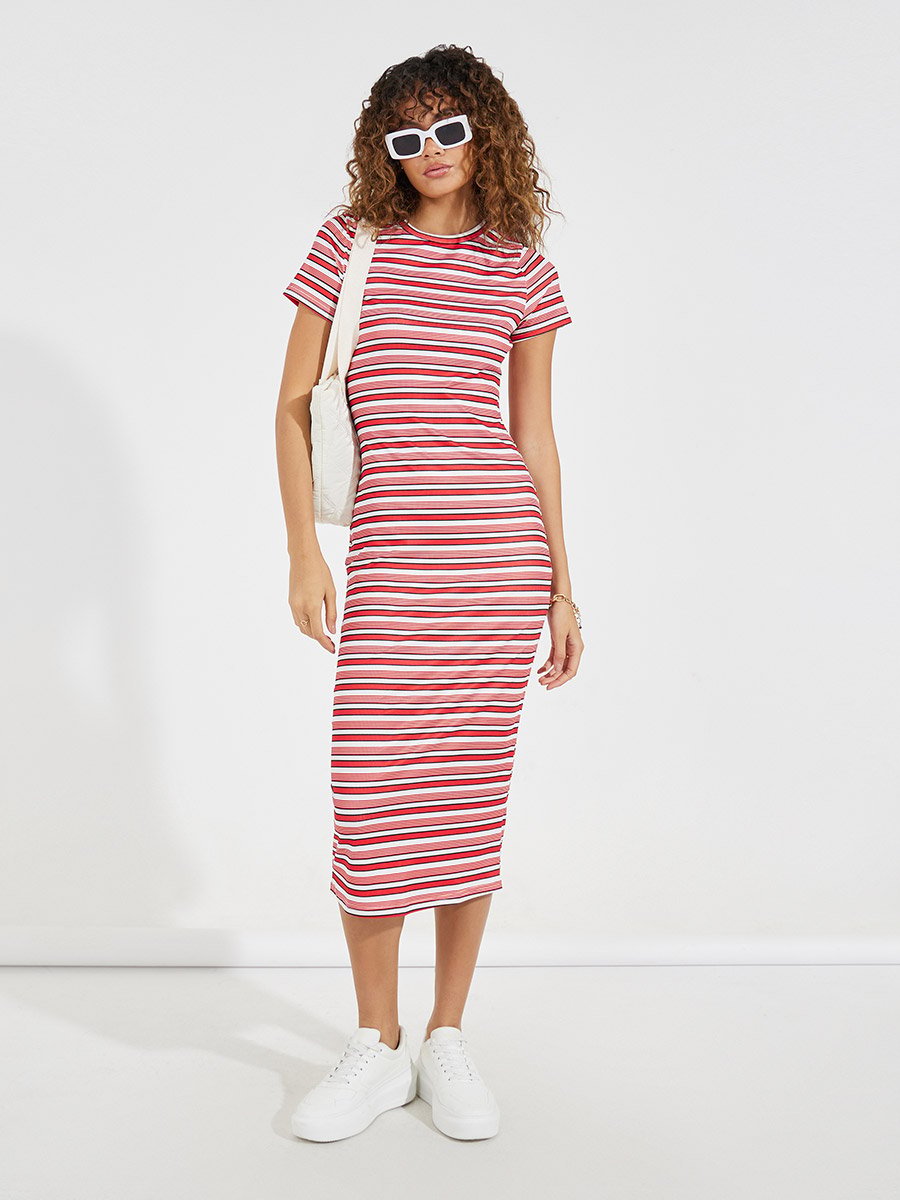 knee length dresses for ladies Mabelle Striped T-Shirt Midi Dress
