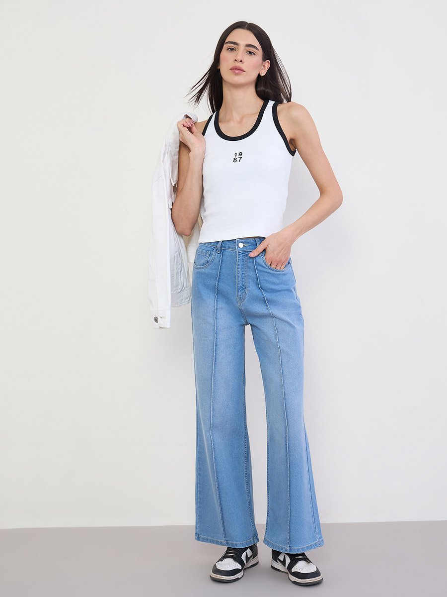 High Rise Pintuck Detail Wide Leg Jeans