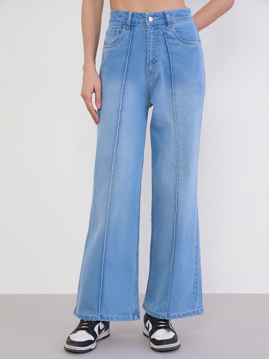 High Rise Pintuck Detail Wide Leg Jeans