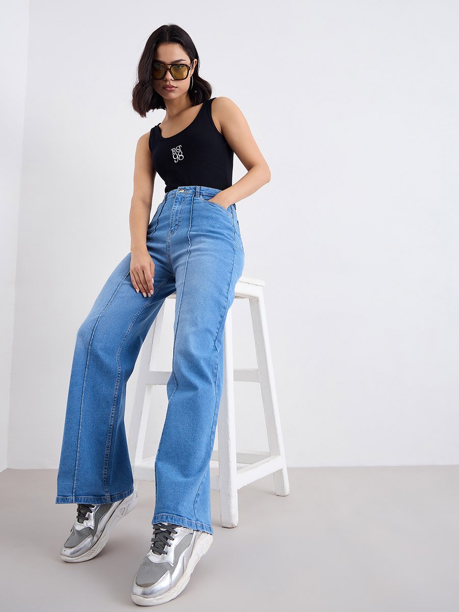 High Rise Pintuck Detail Wide Leg Jeans For Women at Saudi | Styli
