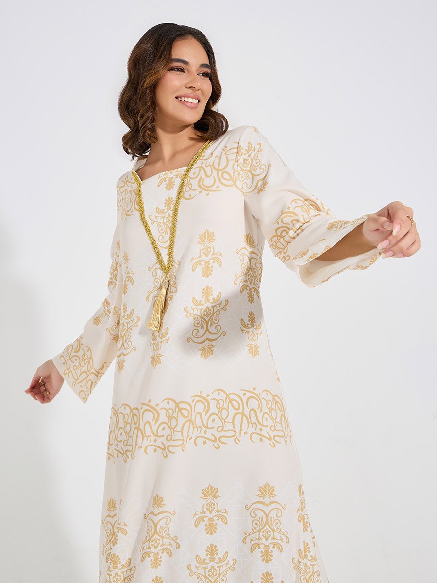 Foil Print Embellished Jalabiya Dress with Tassel