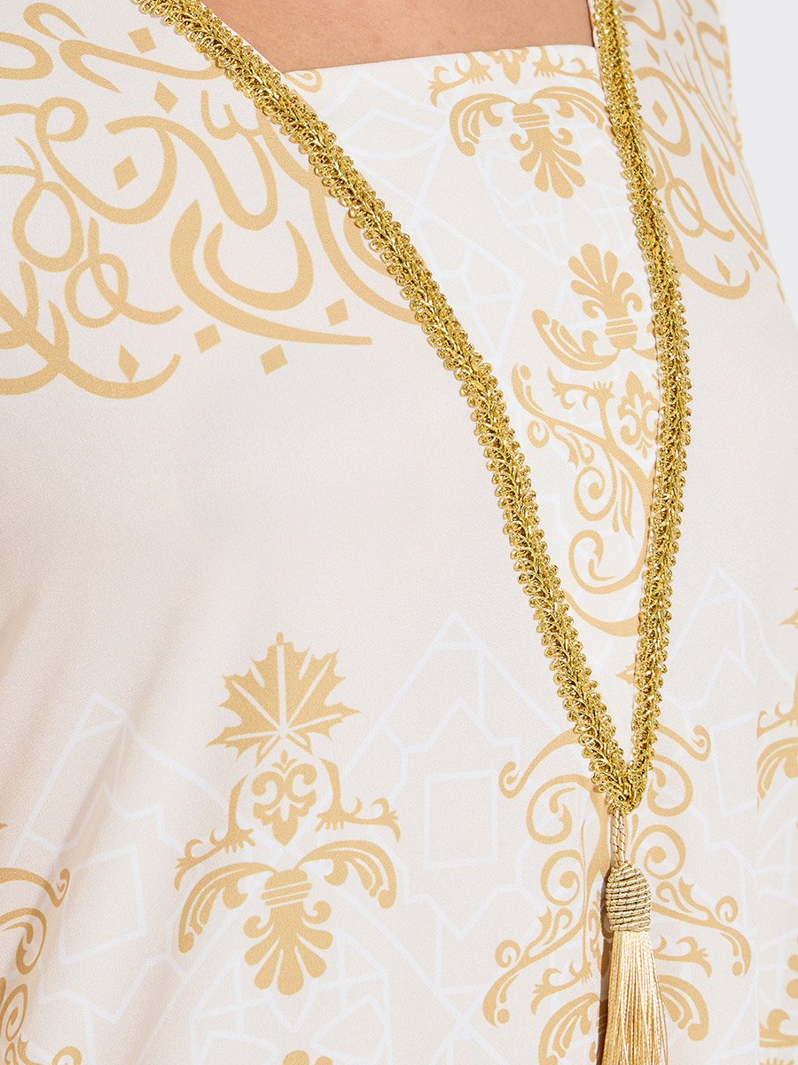 Foil Print Embellished Jalabiya Dress with Tassel