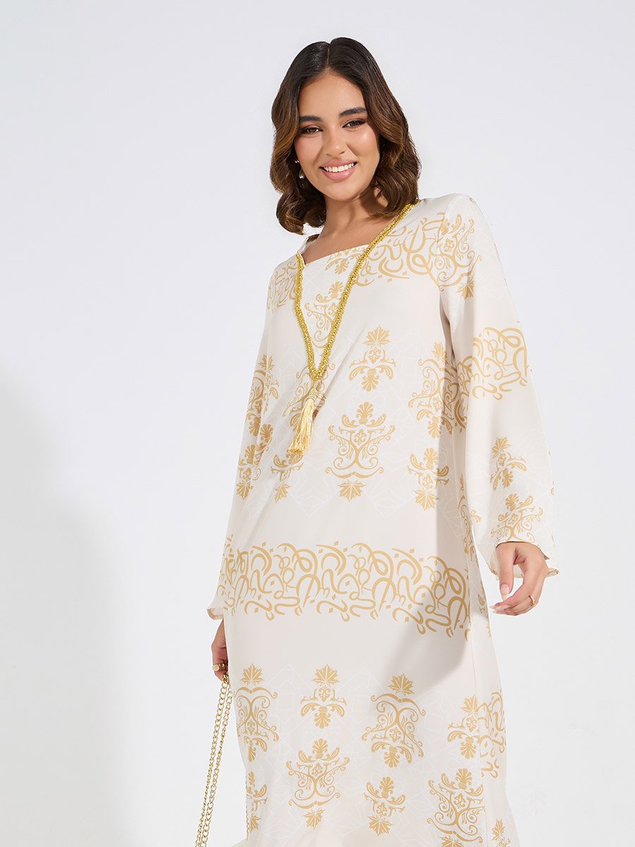 Foil Print Embellished Jalabiya Dress with Tassel