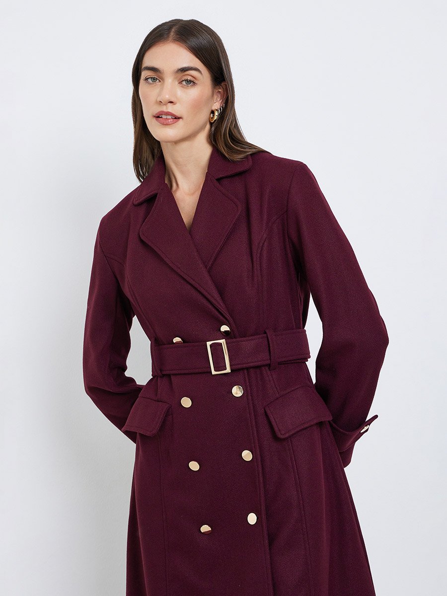 Burgundy Double Breasted Knee Length Coat