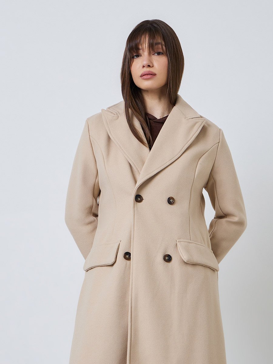 Beige Regular Fit Double Breasted Wool-Like Coat