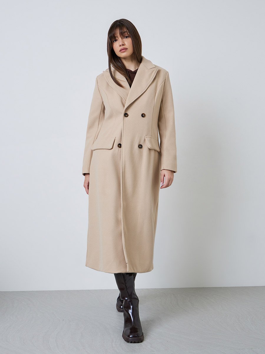 Beige Regular Fit Double Breasted Wool-Like Coat