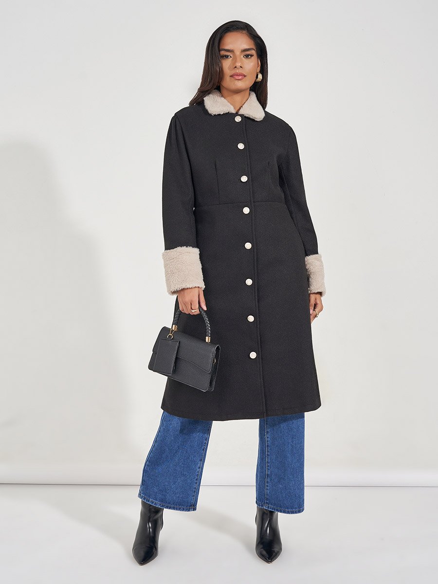 Regular Fit Buttoned Wool Like Coat with Faux Fur Trim