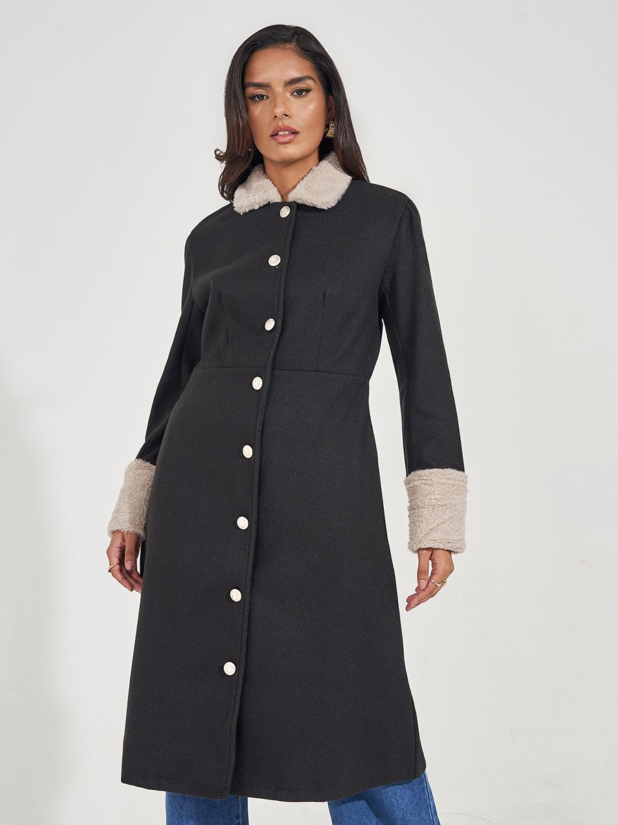 Regular Fit Buttoned Wool Like Coat with Faux Fur Trim
