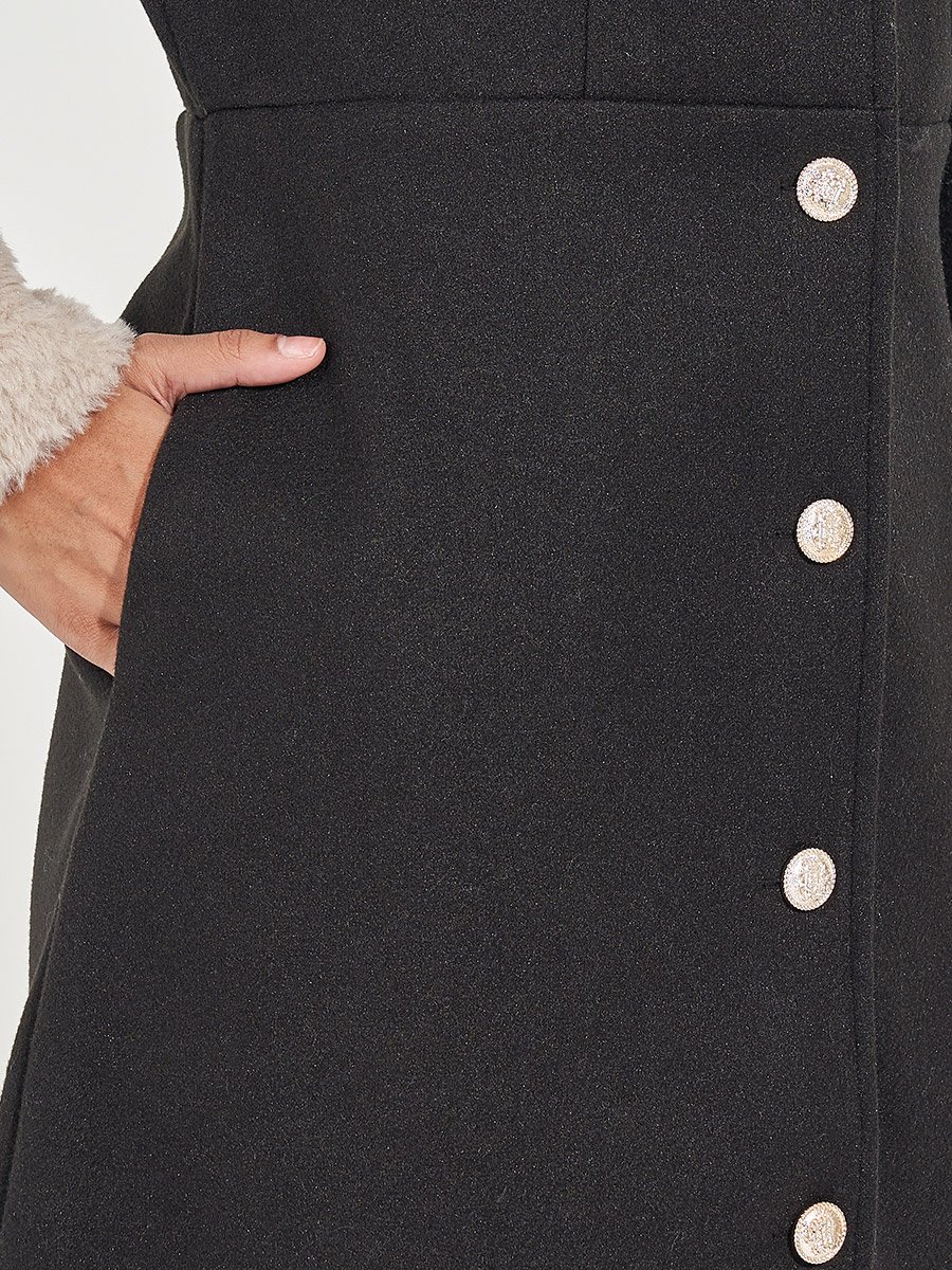 Regular Fit Buttoned Wool Like Coat with Faux Fur Trim