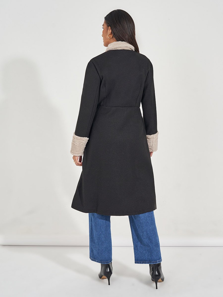 Regular Fit Buttoned Wool Like Coat with Faux Fur Trim