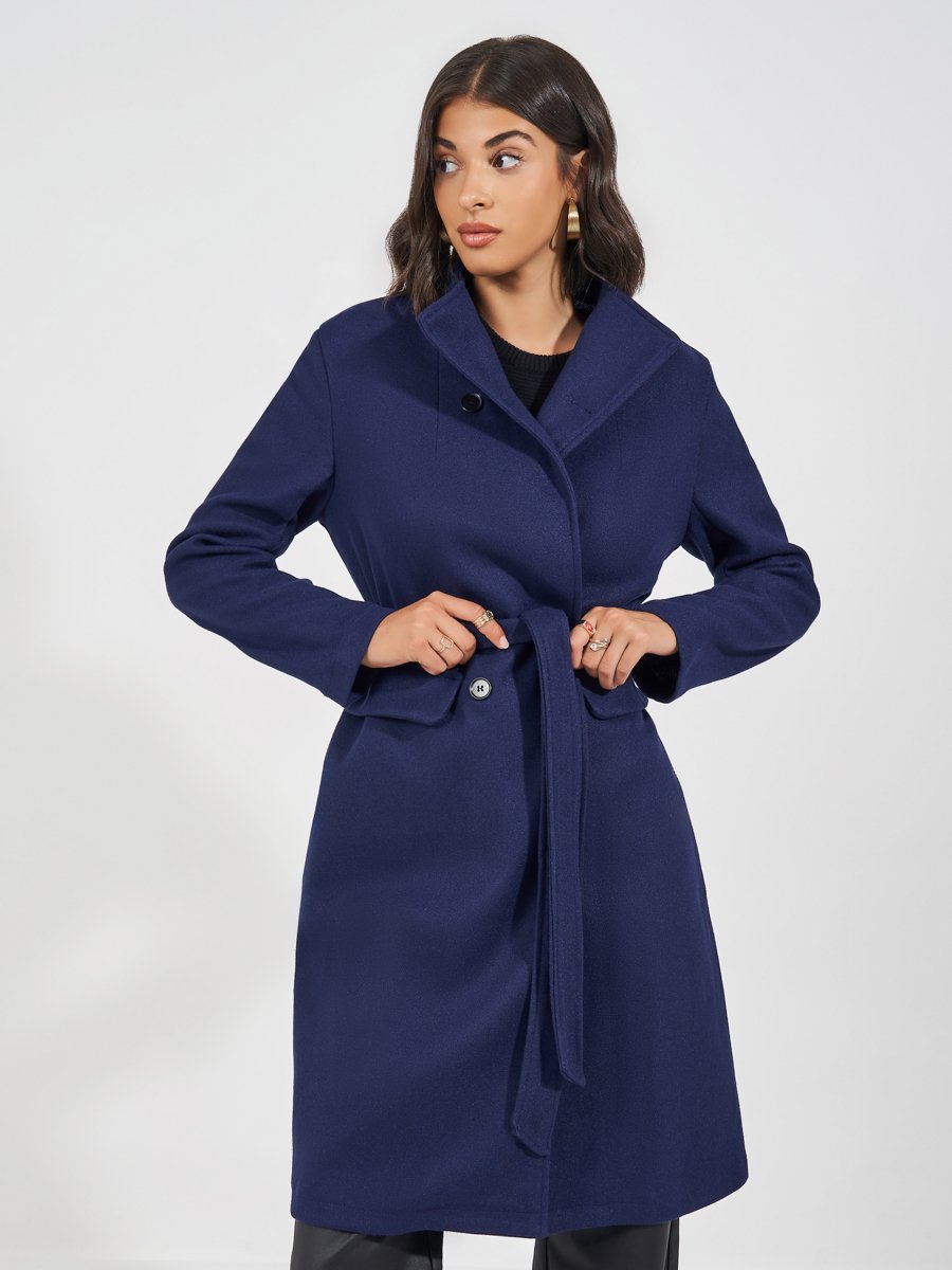 Navy Regular Fit Double Breasted Belted Wool Like Coat