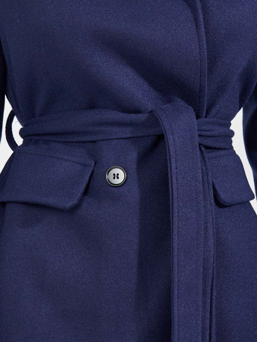 Navy Regular Fit Double Breasted Belted Wool Like Coat