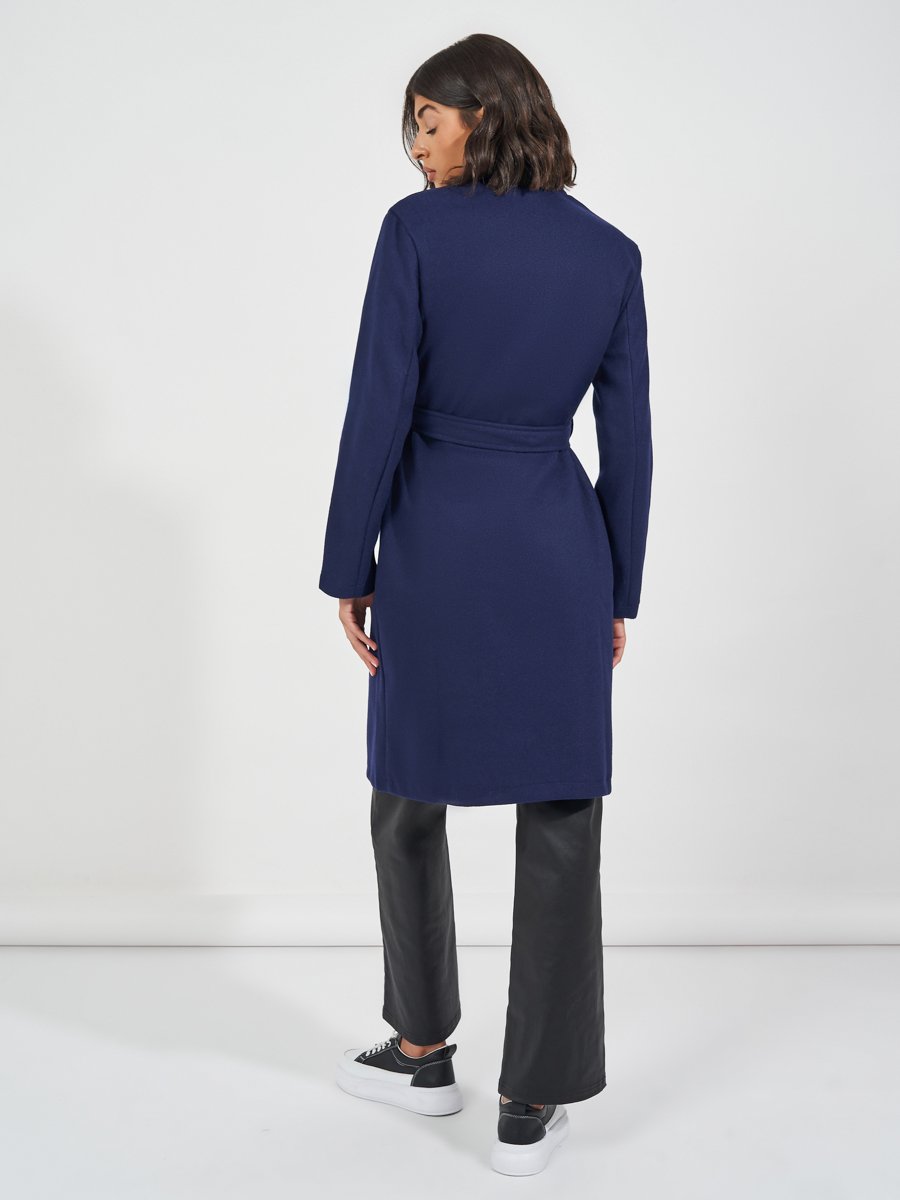 Navy Regular Fit Double Breasted Belted Wool Like Coat
