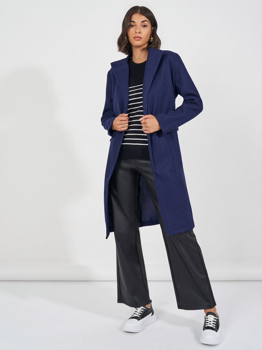 Navy Regular Fit Double Breasted Belted Wool Like Coat