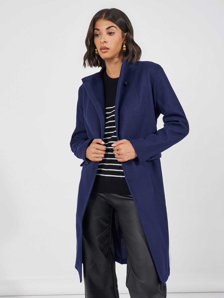 Navy Regular Fit Double Breasted Belted Wool Like Coat