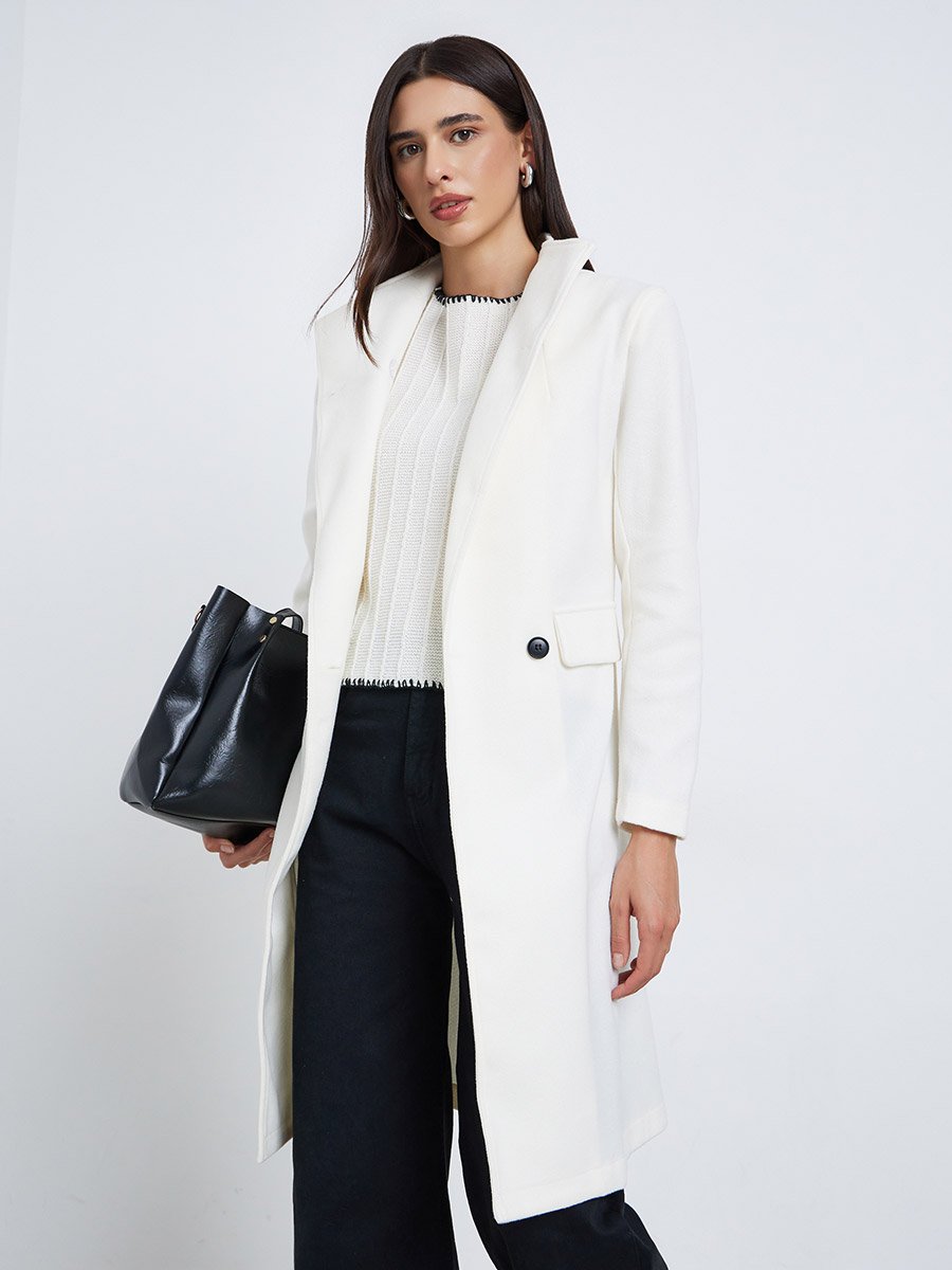 Off White Regular Fit Double Breasted Belted Wool Like Coat