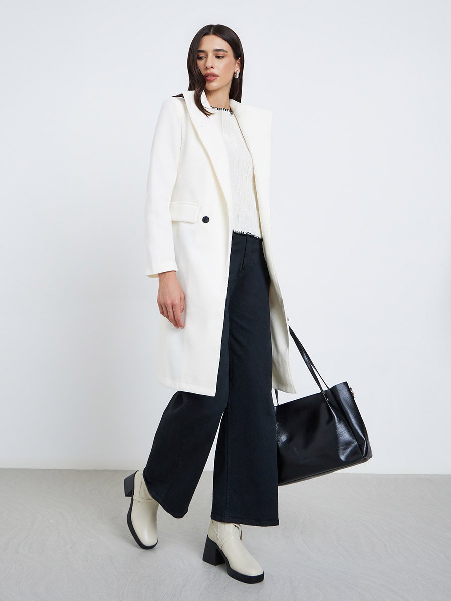 Off White Regular Fit Double Breasted Belted Wool Like Coat