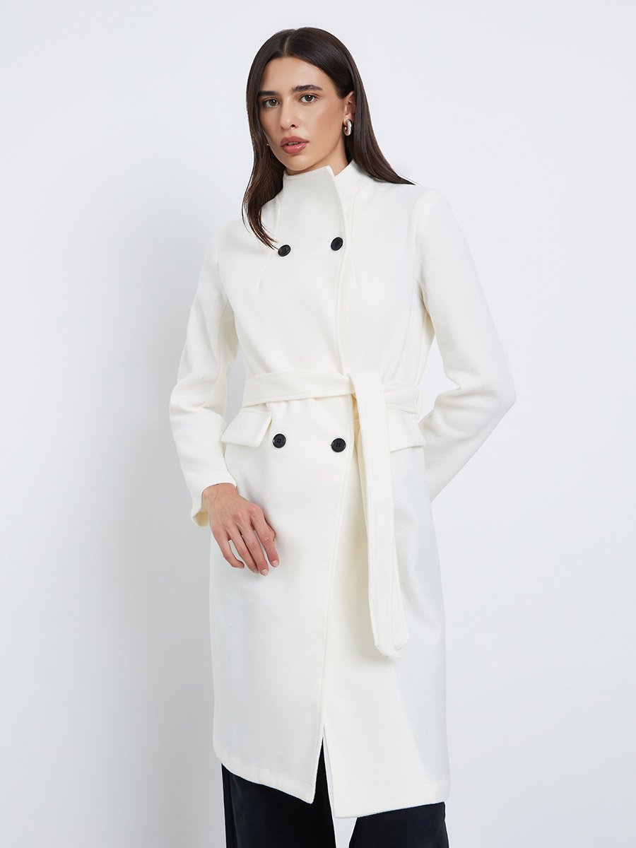 Off White Regular Fit Double Breasted Belted Wool Like Coat