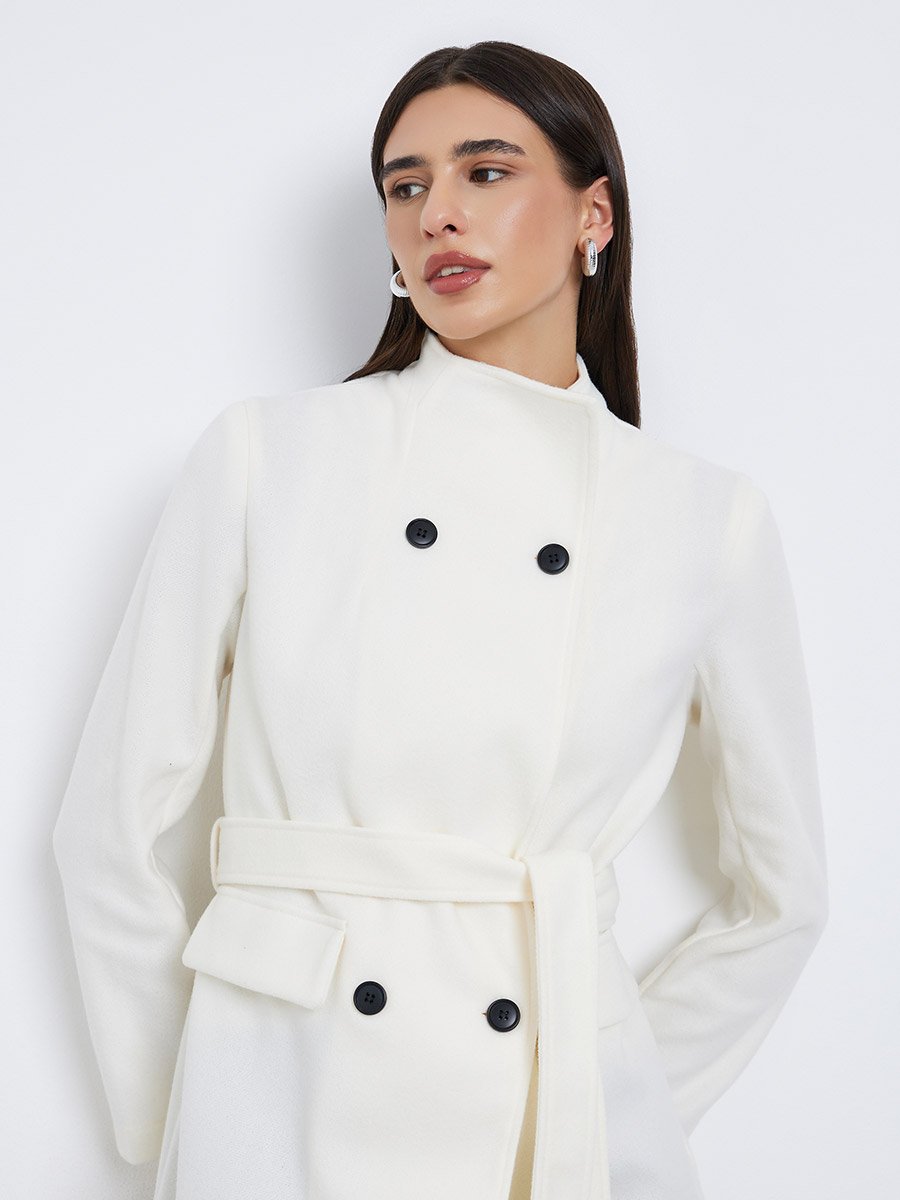 Off White Regular Fit Double Breasted Belted Wool Like Coat