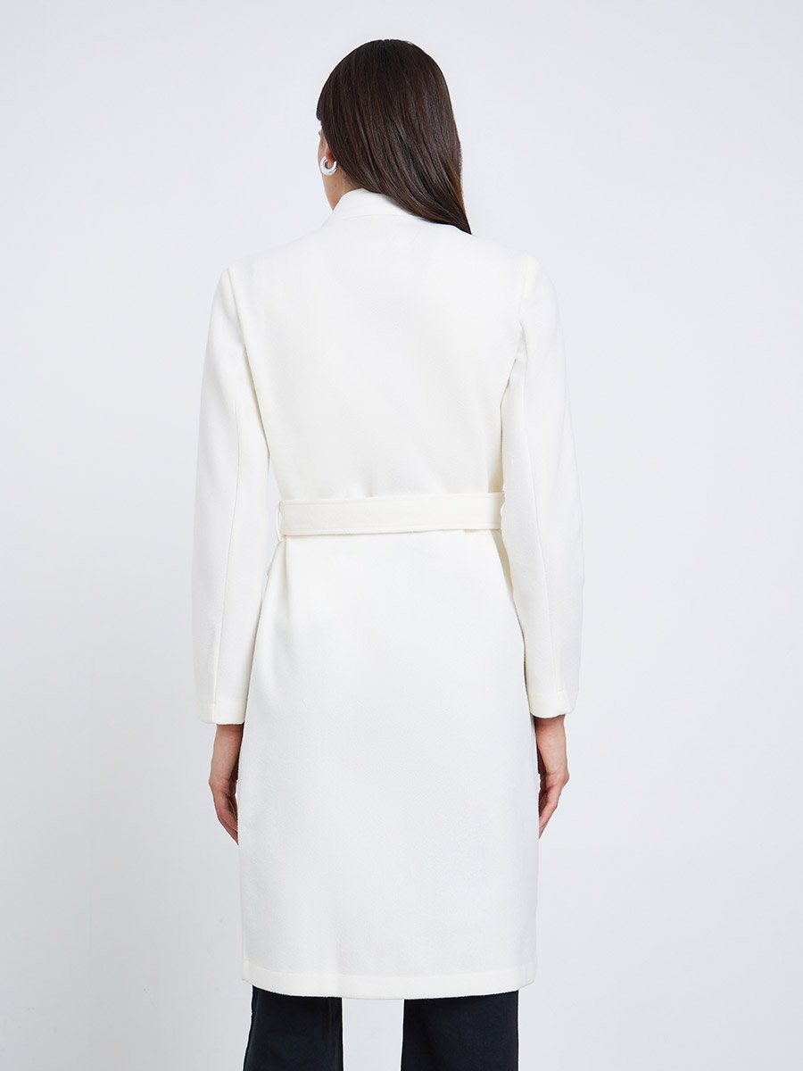 Off White Regular Fit Double Breasted Belted Wool Like Coat