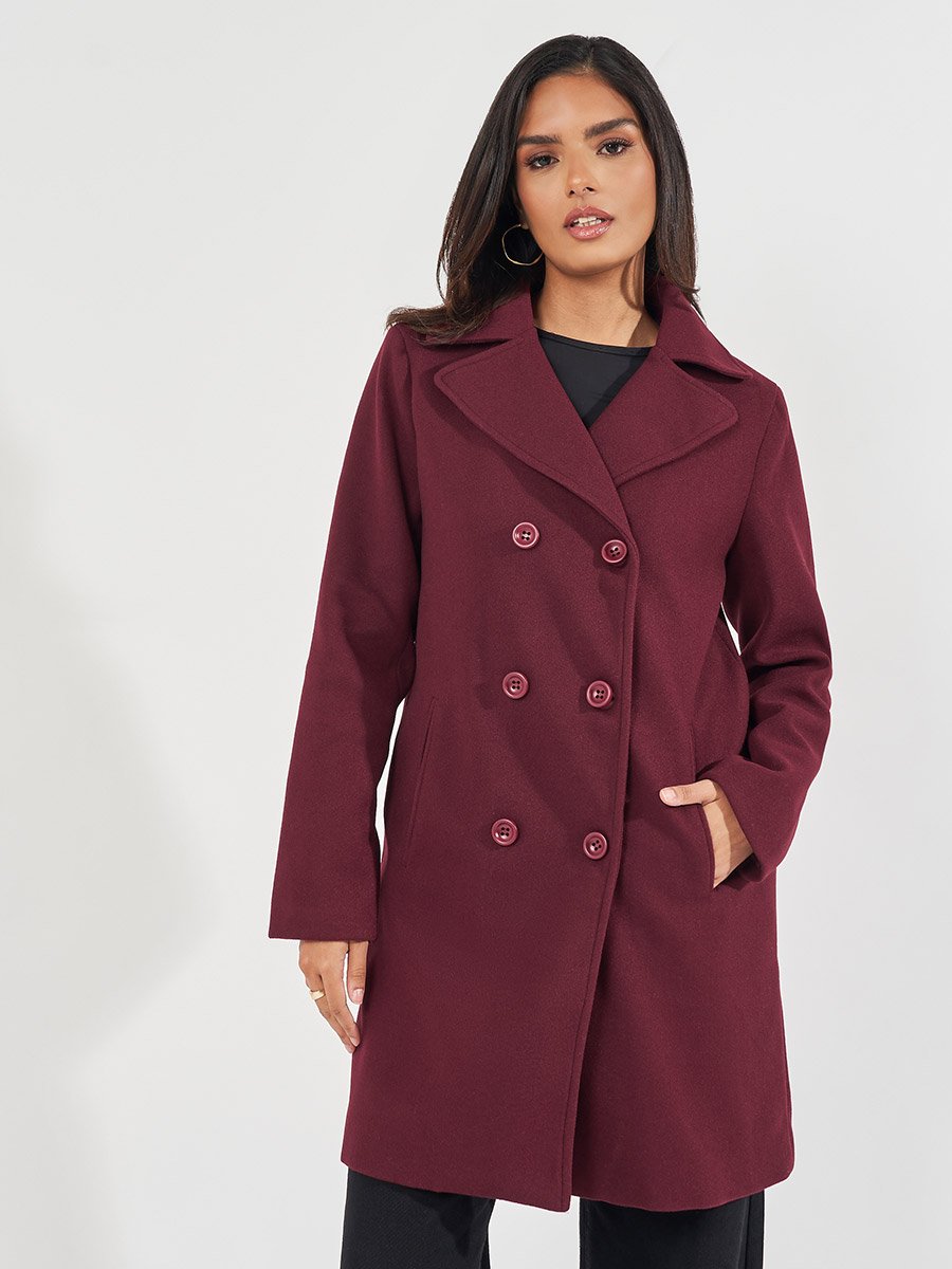 Regular Fit Longline Double Breasted Wool Like Coat