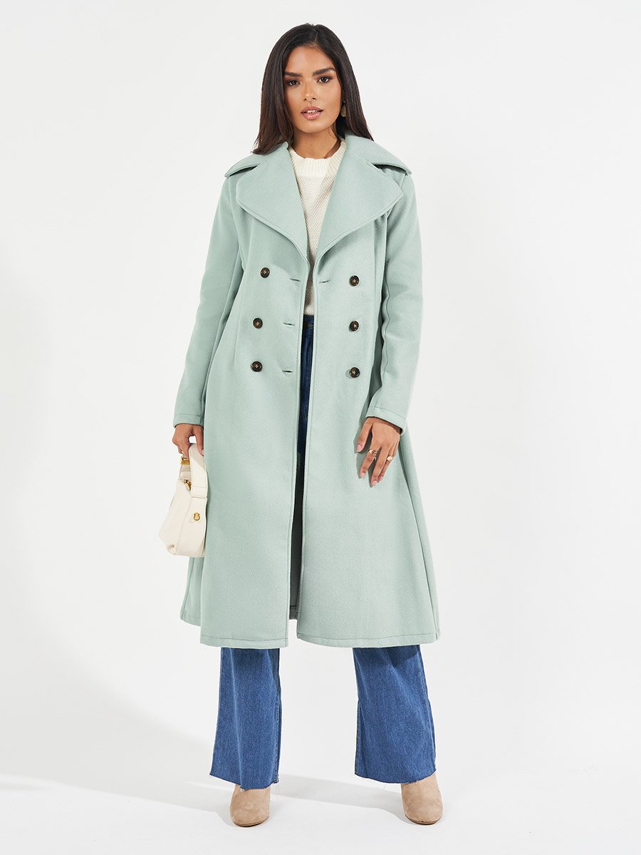 Regular Fit Double Breasted Flared Wool Like Coat