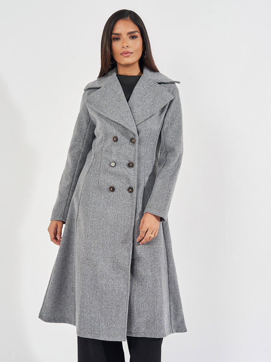 Regular Fit Double Breasted Flared Wool Like Coat