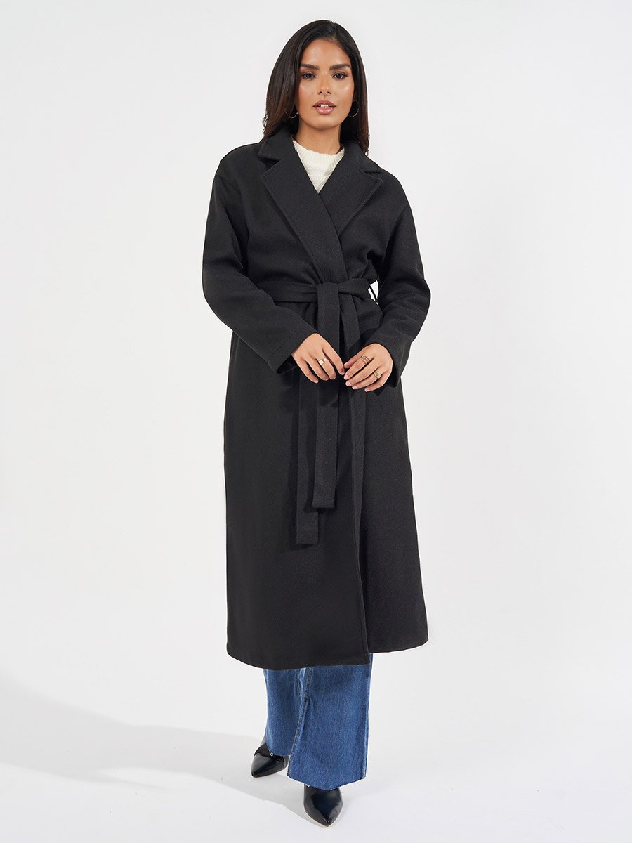 Regular Fit Midi Belted Wool Like Coat