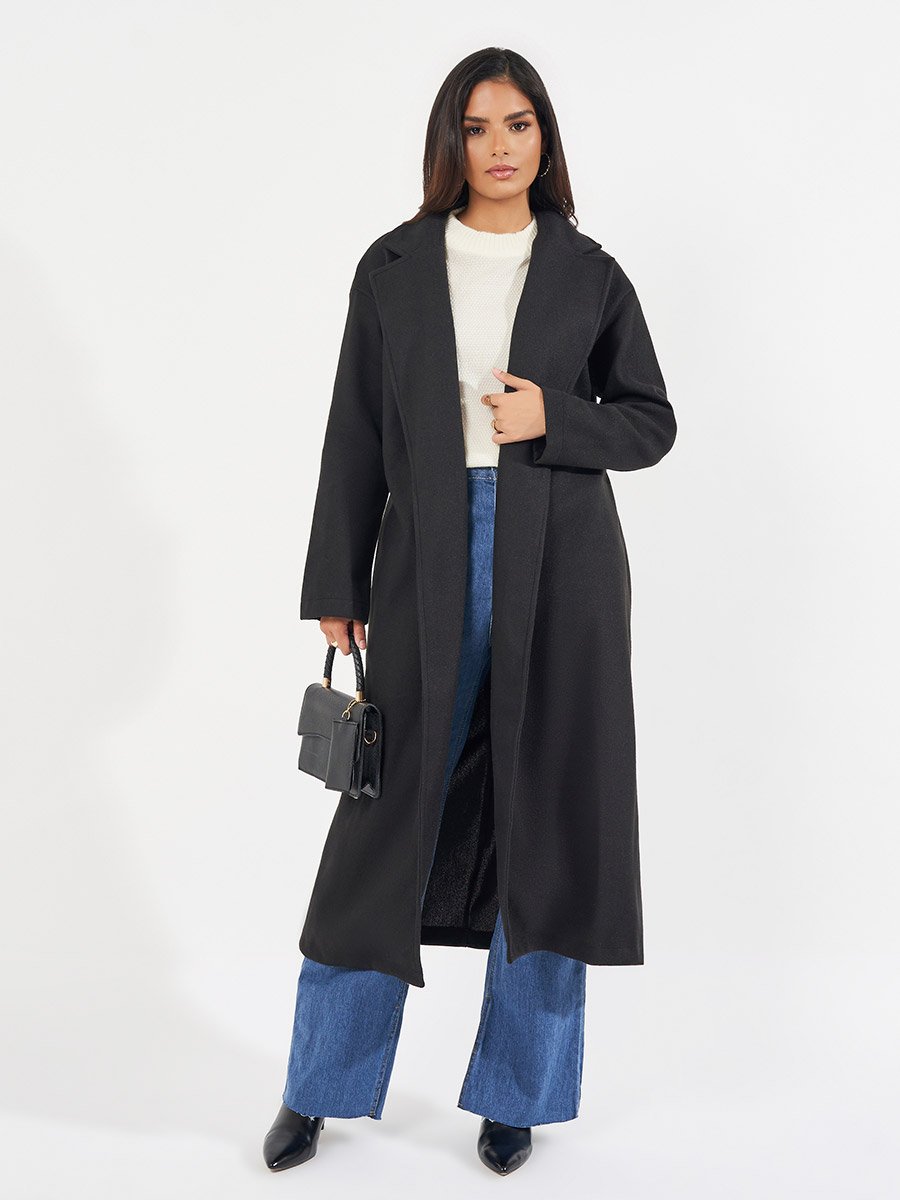 Regular Fit Midi Belted Wool Like Coat