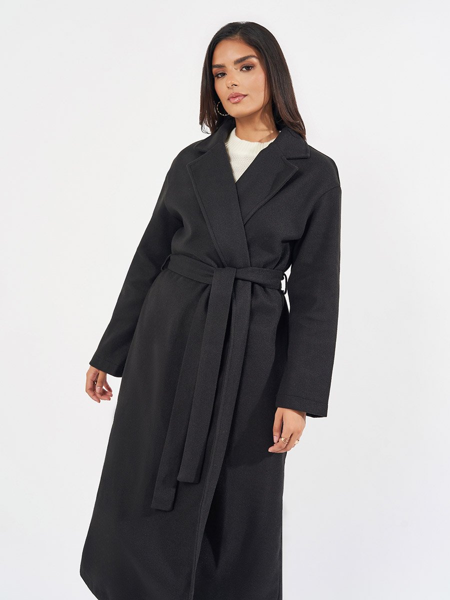 Regular Fit Midi Belted Wool Like Coat
