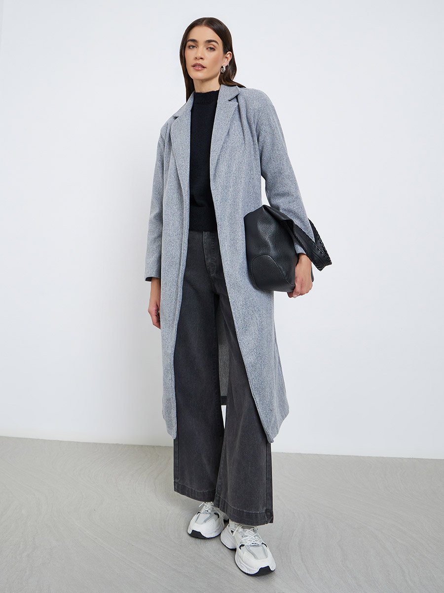 Grey Regular Fit Belted Midi Coat