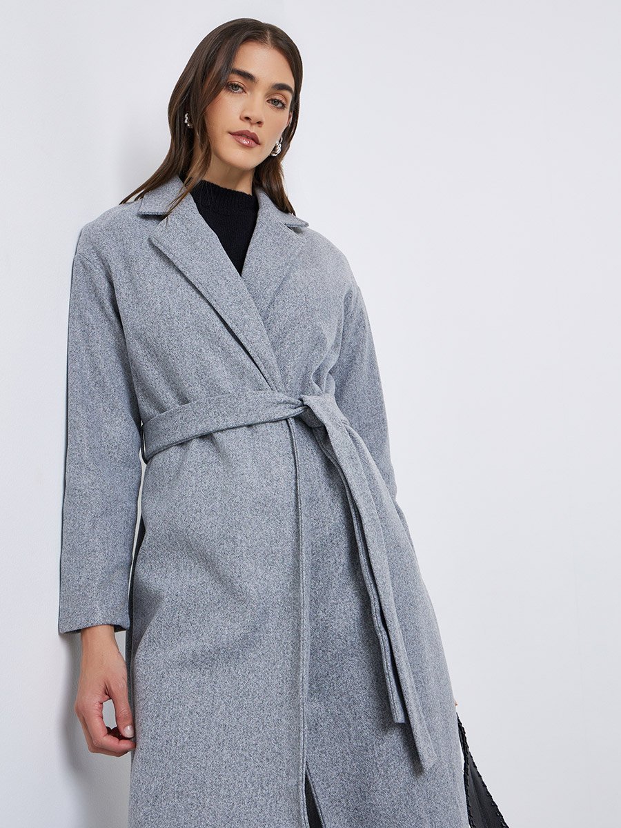 Grey Regular Fit Belted Midi Coat