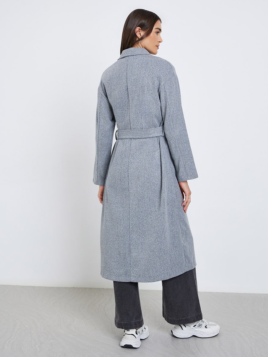 Grey Regular Fit Belted Midi Coat