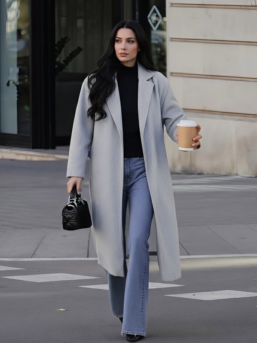Grey Regular Fit Belted Midi Coat