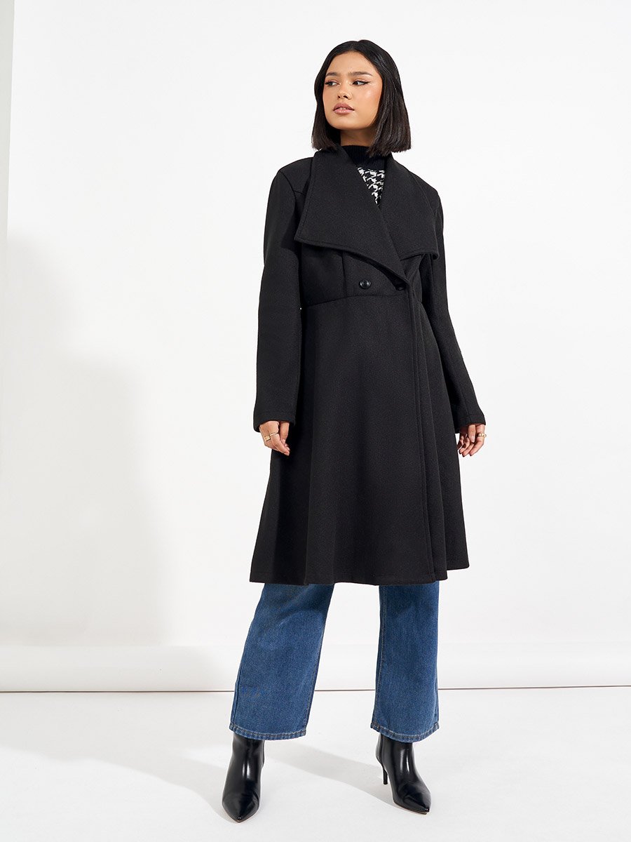 Regular Fit Longline Buttoned Wool Like Coat