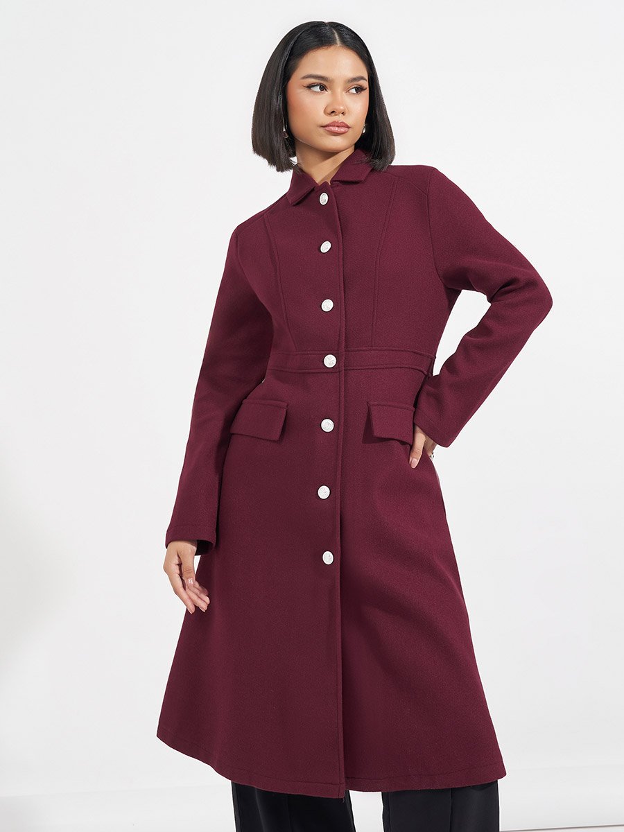 Regular Fit Knee Length Buttoned Wool Like Coat