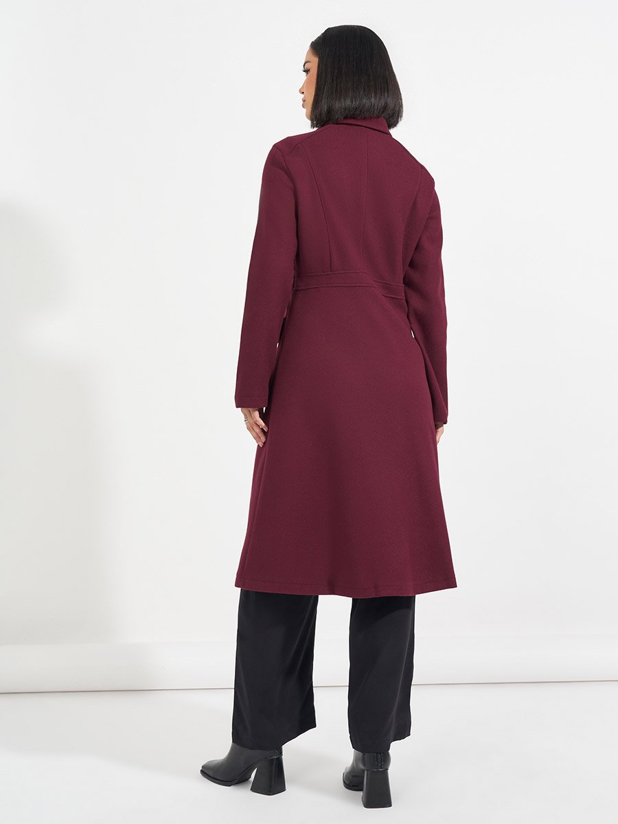 Regular Fit Knee Length Buttoned Wool Like Coat