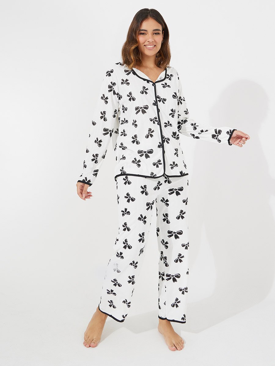 Bowknot Print Long Sleeve Shirt and Pyjama Set