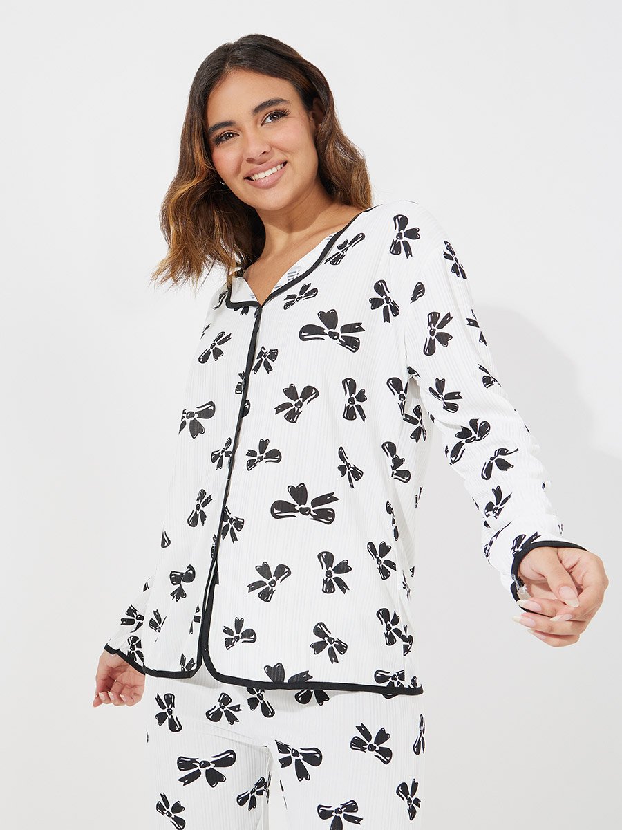 Bowknot Print Long Sleeve Shirt and Pyjama Set