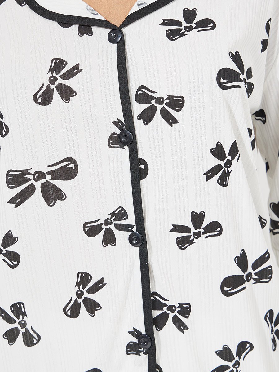 Bowknot Print Long Sleeve Shirt and Pyjama Set