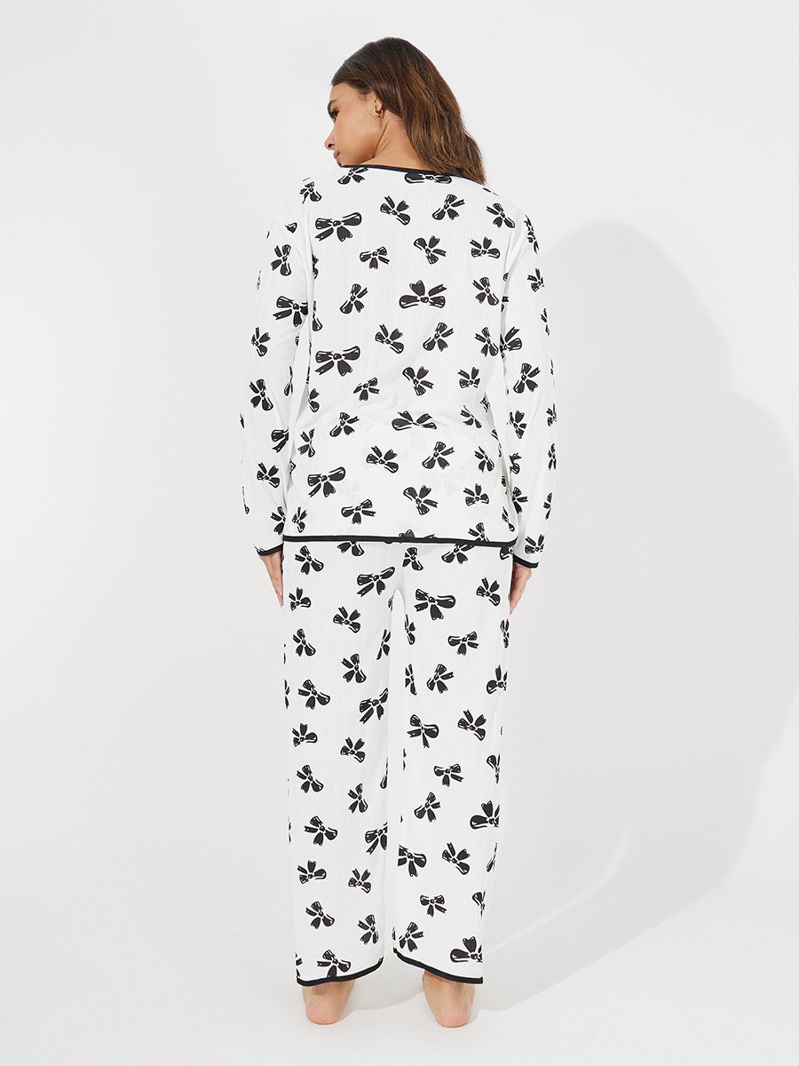 Bowknot Print Long Sleeve Shirt and Pyjama Set