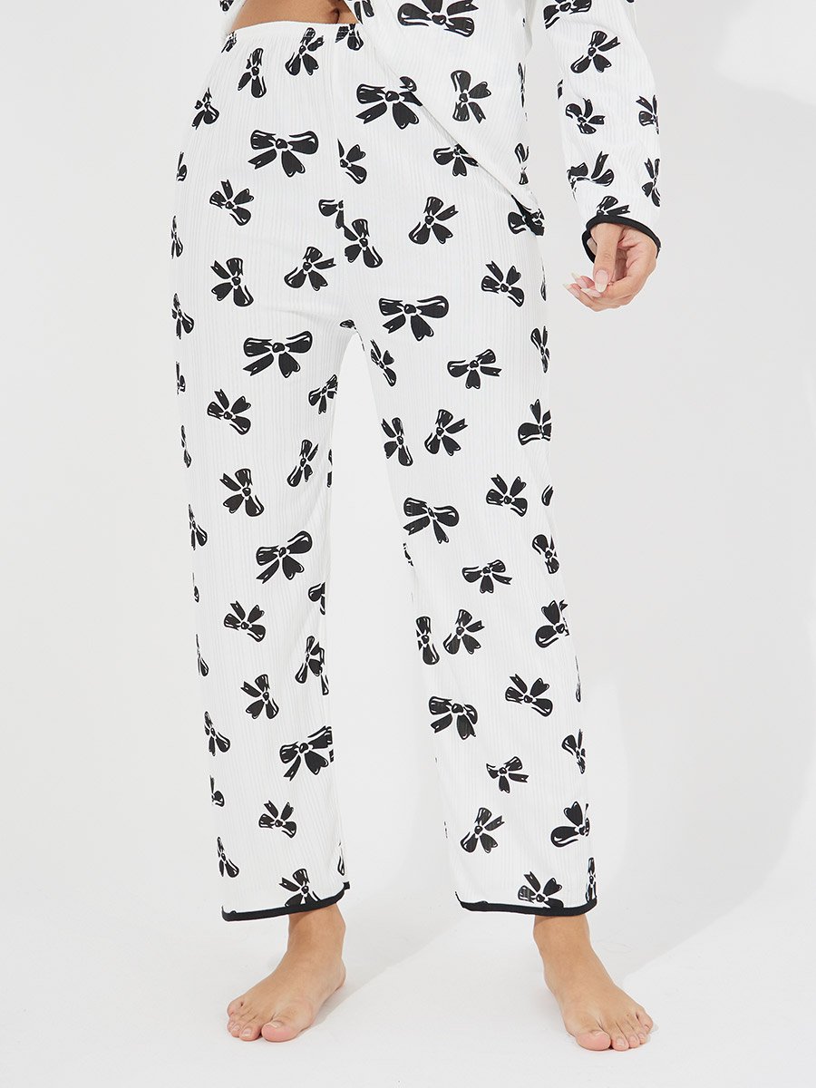Bowknot Print Long Sleeve Shirt and Pyjama Set
