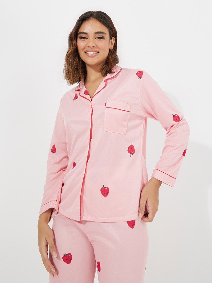 Strawberry Print Pocket Detail Shirt and Pyjama Set