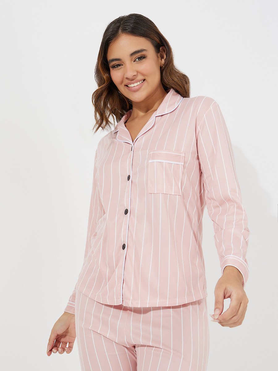 Striped Pocket Detail Shirt and Pyjama Set
