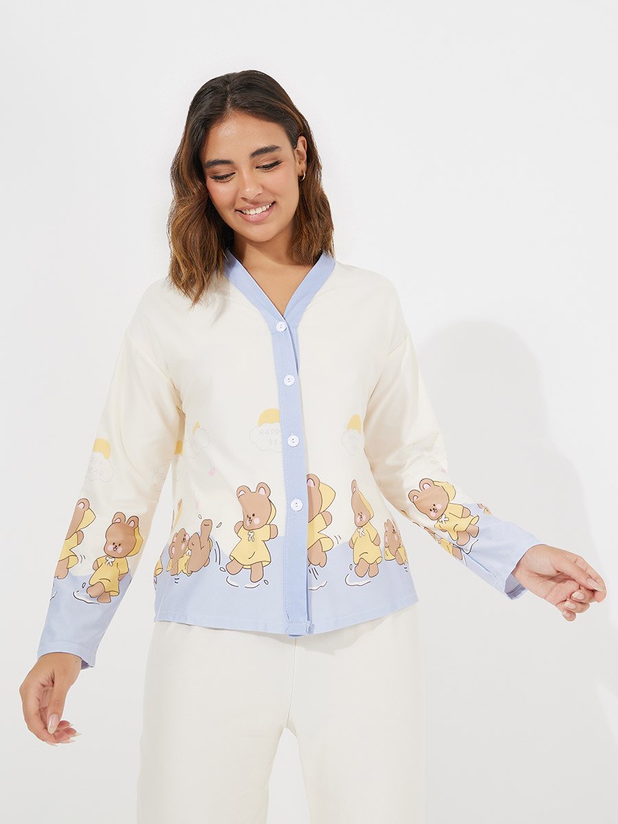 Bear Print Button Placket Shirt and Pyjama Set