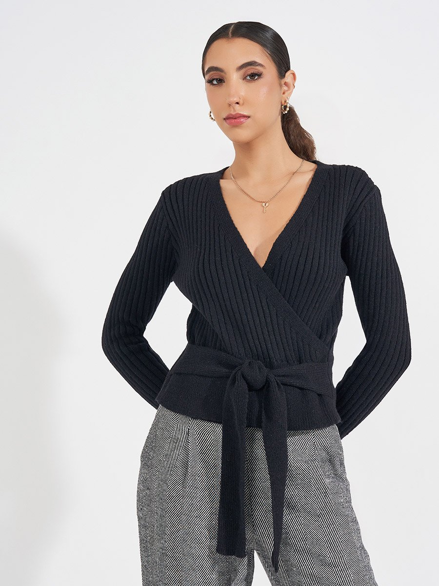 Rib Knitted Mock Wrap Top with Tie Detail