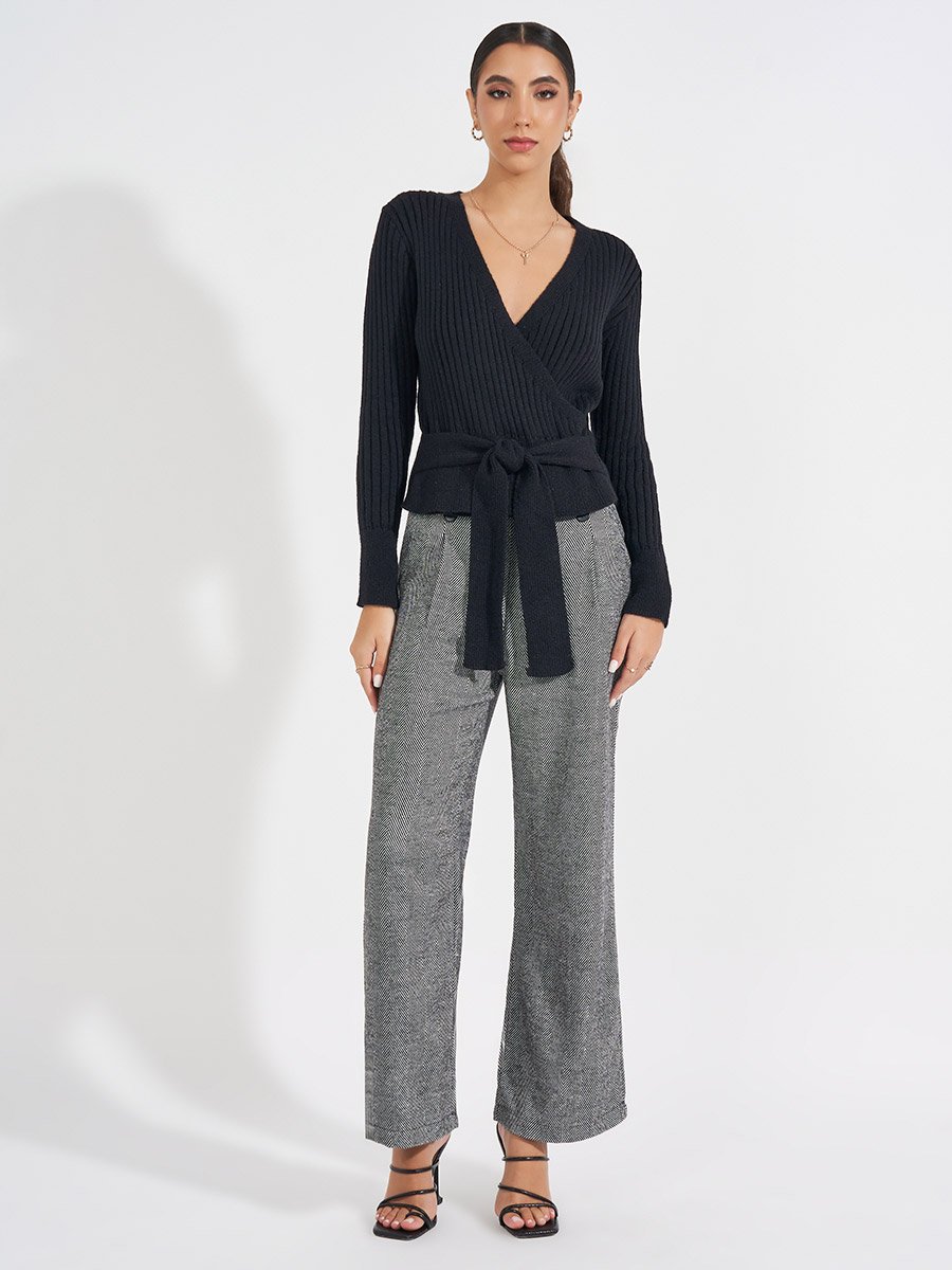 Rib Knitted Mock Wrap Top with Tie Detail